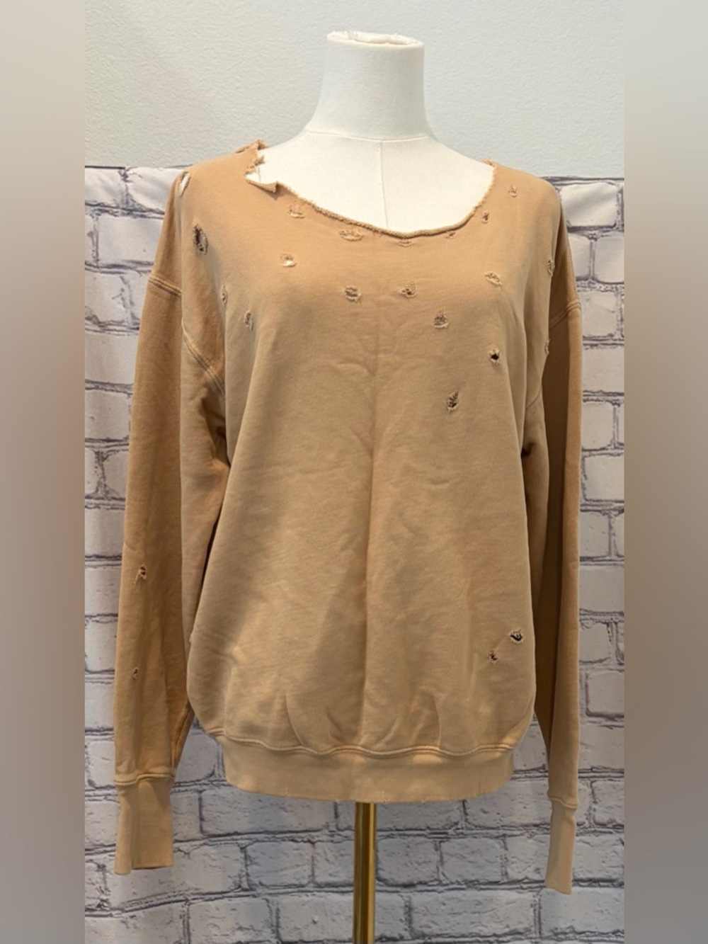 Women:M Distressed Tan Sweatshirt Cut Collar Brand Tag removed